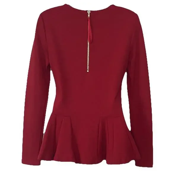 Carmen Marc Valvo Red Top Size S Long Sleeves Peplum Gold Zipper Office - Picture 2 of 5